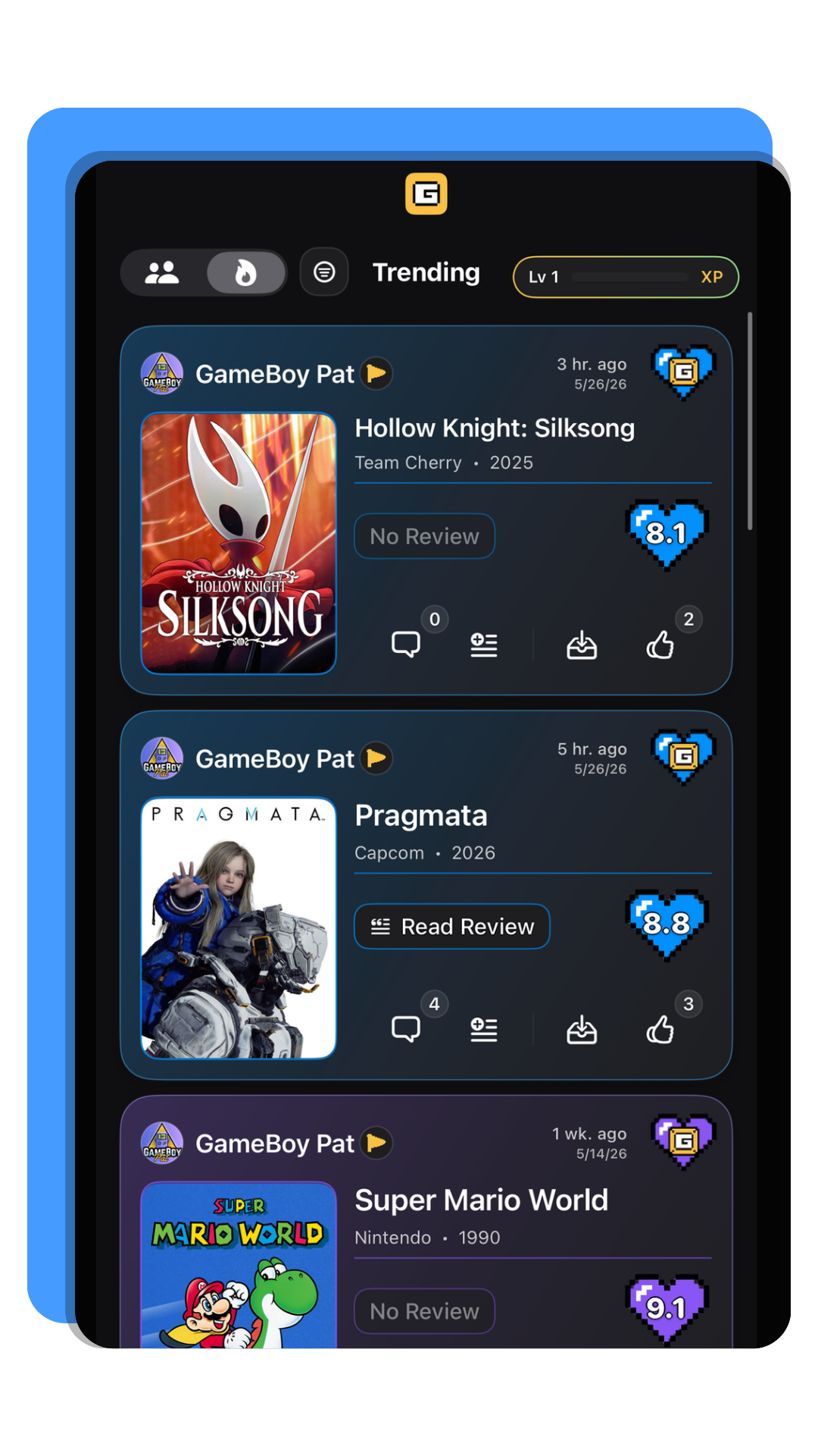 GamerLnd trending community feed showing other players' ratings, reviews, and recent activity