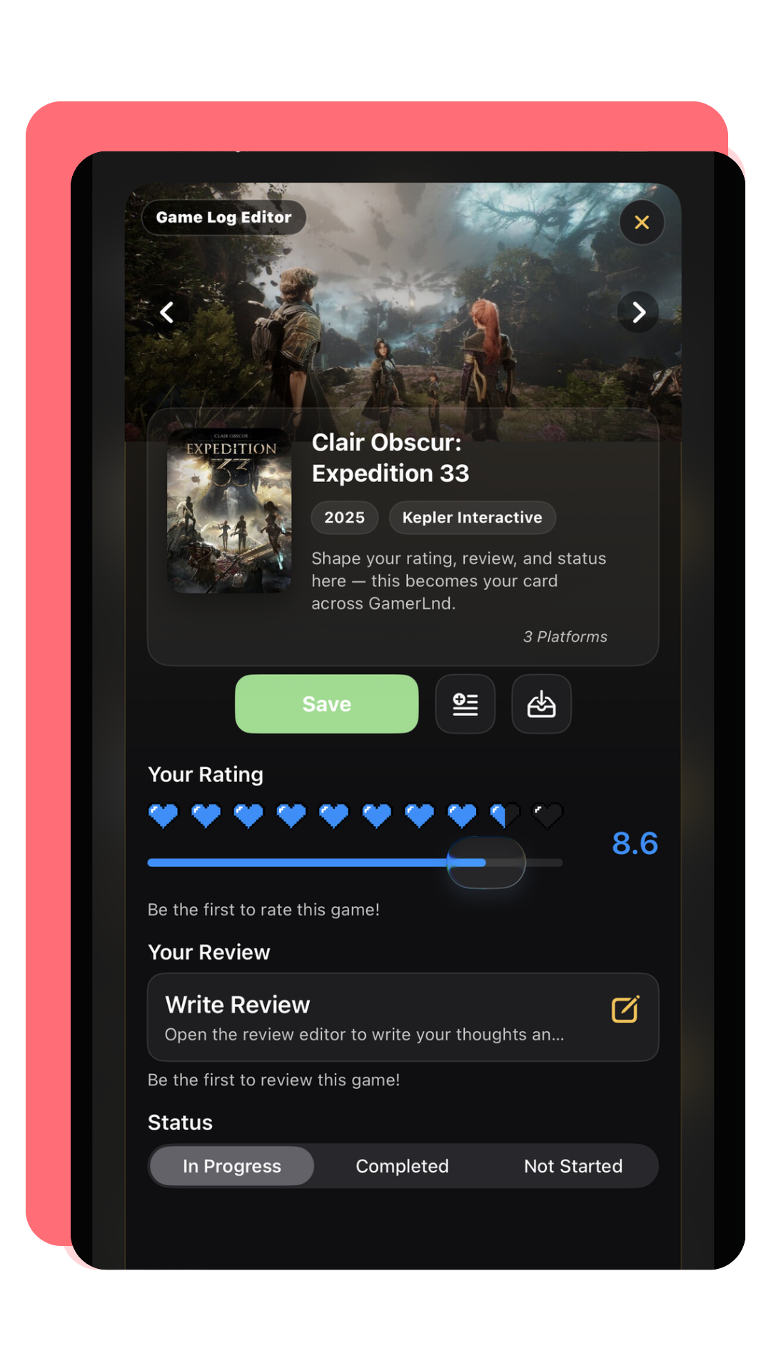 GamerLnd game log editor showing heart ratings, review writing, and status tracking for a game