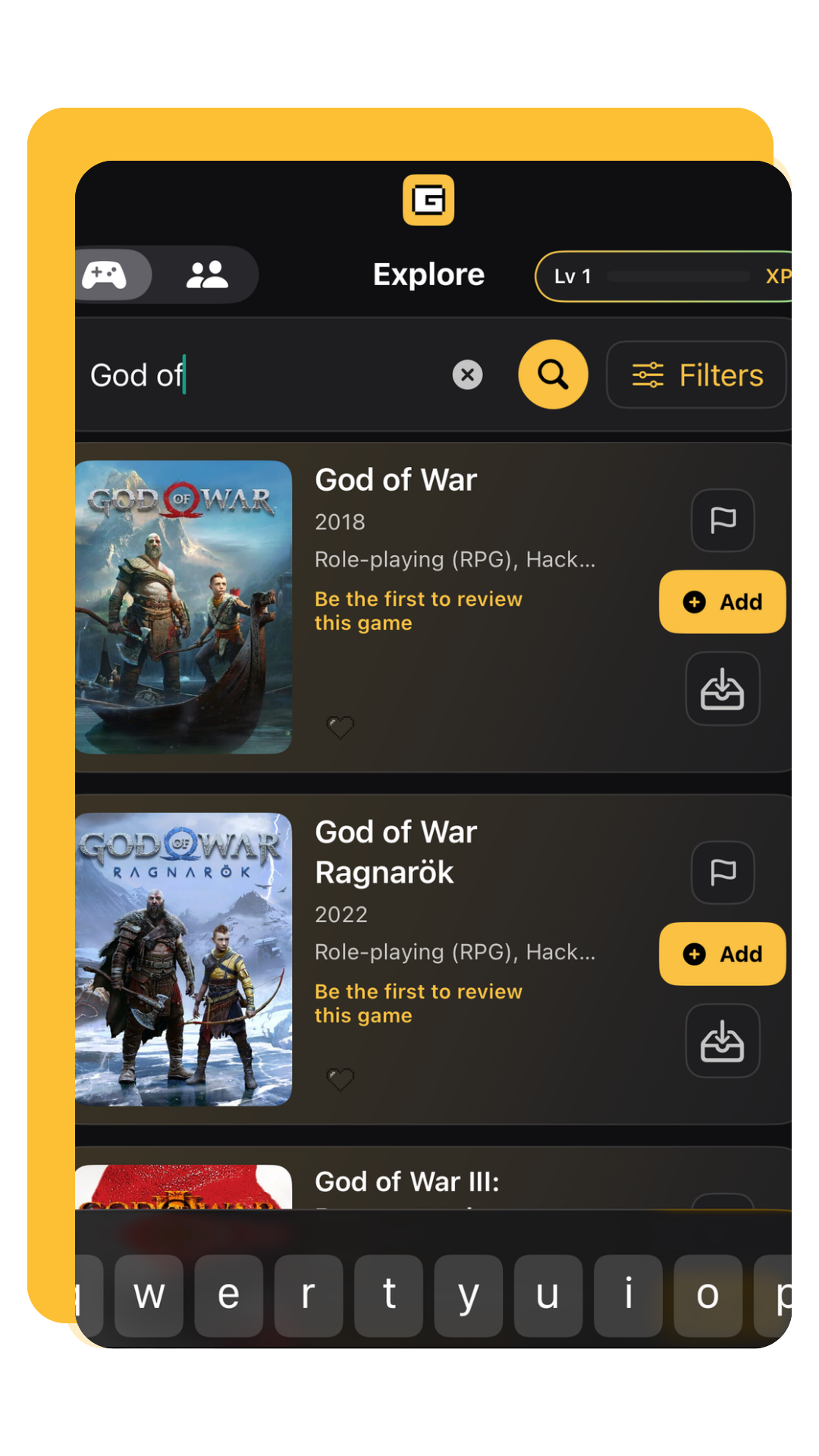 GamerLnd explore and search screen for finding games quickly and adding them to your collection