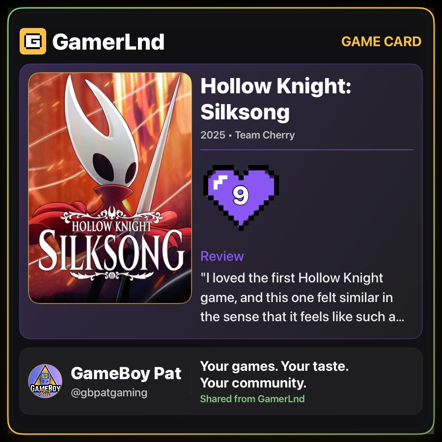 GamerLnd shareable game log card preview with artwork, rating, and review details