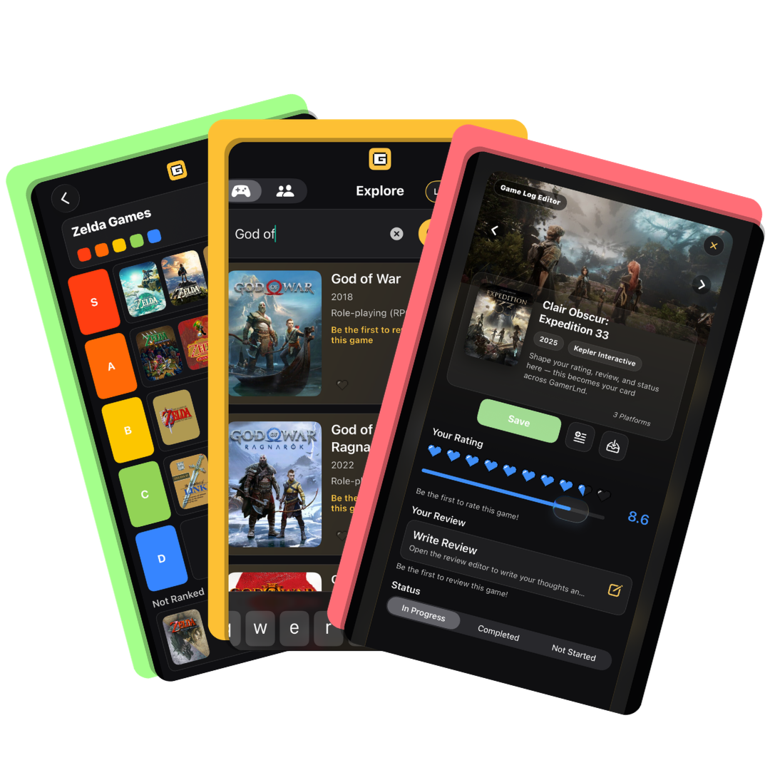 GamerLnd screenshot collage featuring the app's feed, game logging, and tier list views