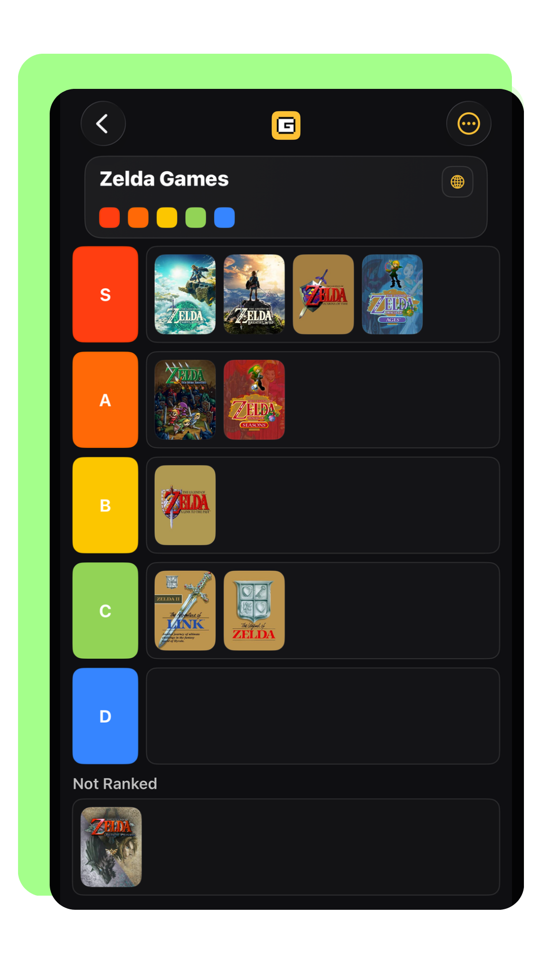 GamerLnd tier list builder showing colorful ranking rows and grouped games